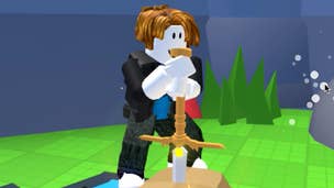 A Roblox character trying to pull a sword from a stone in the popular game Pull a Sword.