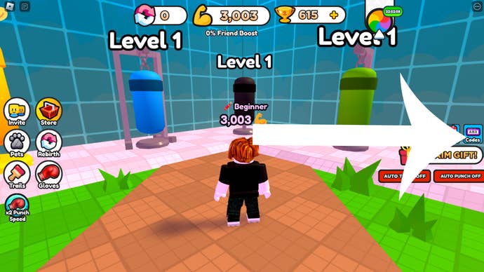Image showing an arrow pointing towards the button players need to press to redeem a code in popular Roblox game Punch Wall Simulator.