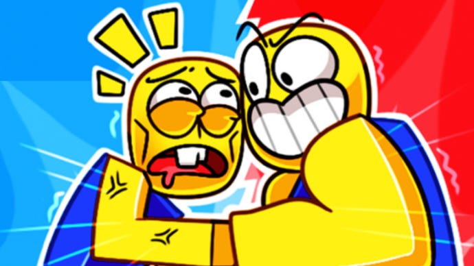 Artwork for Roblox game Push Simulator showing two characters pushing each other.