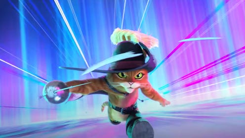 Still animation image of Puss in Boots brandishing his sword. Behind him, we see a background in blue, purple, and pink