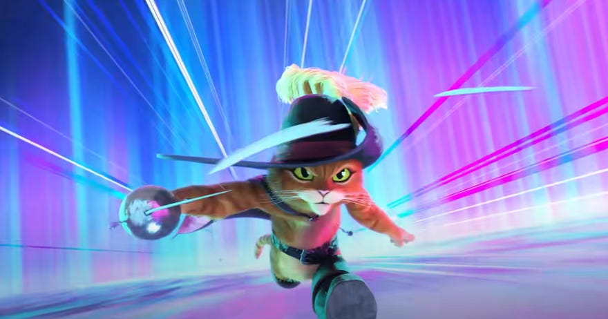 Still animation image of Puss in Boots brandishing his sword. Behind him, we see a background in blue, purple, and pink