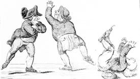 Three men ice-skating, one fallen on his back, in an illustration from 'Eccentric excursions; or, literary and pictorial sketches of countenance, character and country in different parts of England and South Wales'.