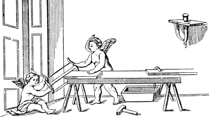 Cherubs sawing wood in an illustration from 'Kulturgeschichte ... Vierte Auflage'.