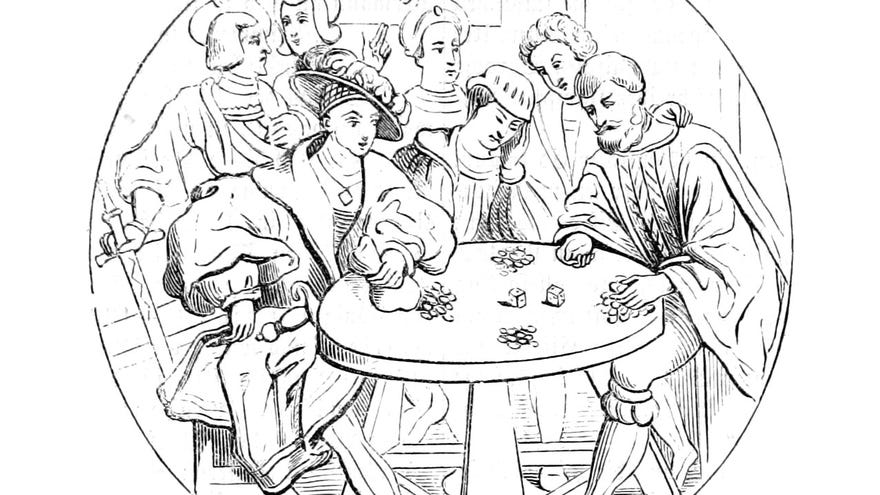 A game of dice in an illustration from 'Geschichte Oesterreichs [With illustrations.]'