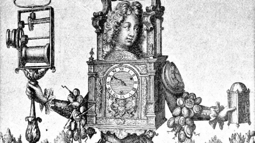 A man wearing an outfit of clocks and watches in an illustration from 'The Century of Louis XIV. Its arts-its ideas.'