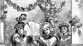 Children riding atop the yule log as it's carried in, in an illustration from 'A Christmas Garland. Carols and poems form the fifteenth century to the present time.'