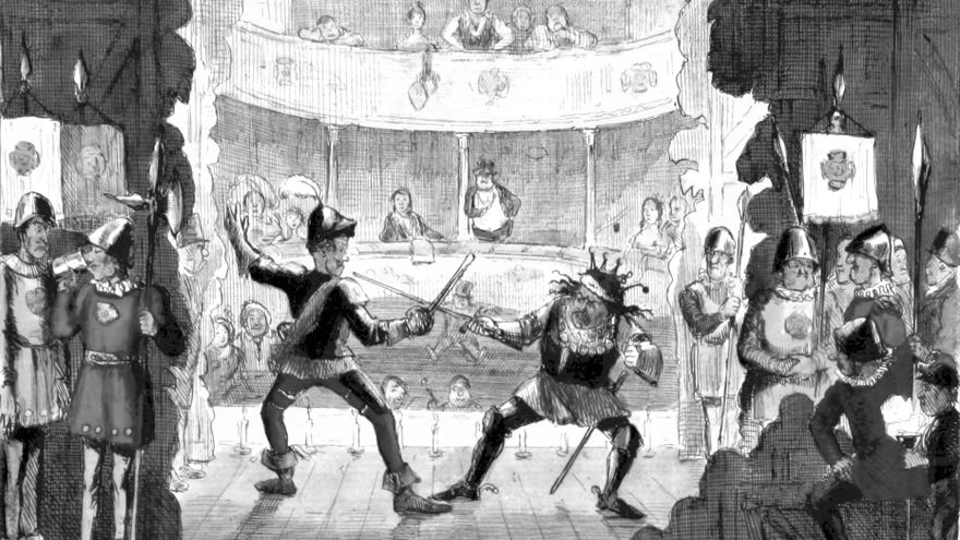 Actors duelling on stage in an illustration from 'The Comic history of England'.