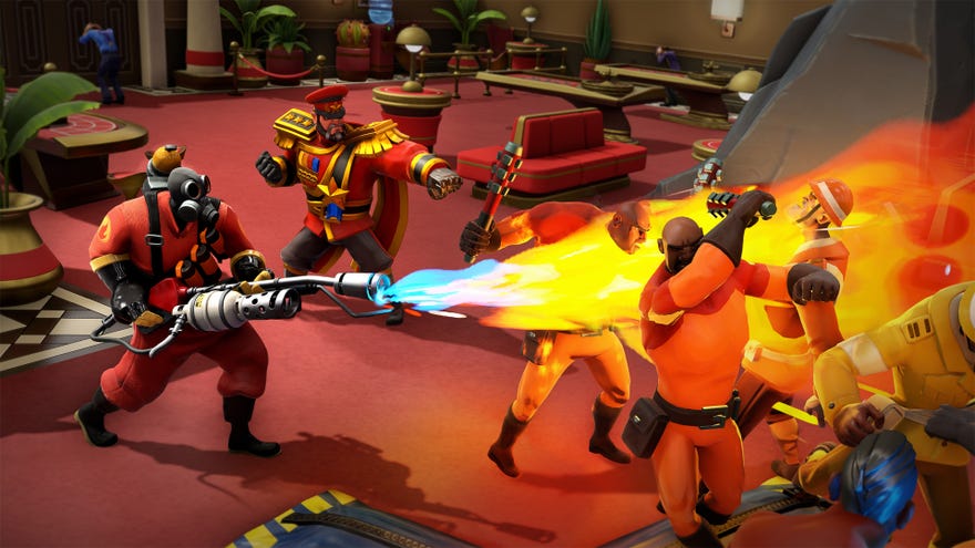 Pyro from TF2 flaming some poor henchmen in Evil Genius 2.