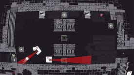 A screenshot of Qomp2, a "creative sequel" to Pong, showing a ball bouncing around a 2D monochrome labyrinth roamed by angry dino heads.