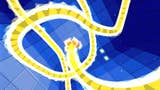 The Snake-like game Qrth-Phyl, which is of course based on the game Blockade. We see a blueish 3D room filled by a gigantic, luminous yellow 'snake', which is wrapping around itself as it tries not to bump into itself.