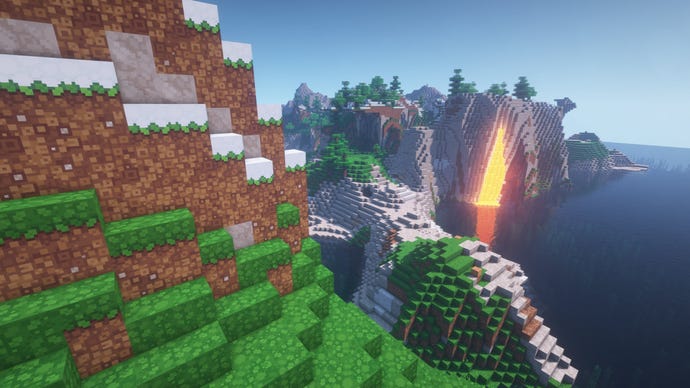 A Minecraft screenshot of a landscape displayed using the Quadral Texture Pack.