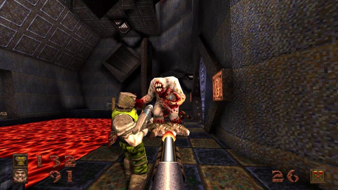A screenshot of Quake showing the player, and another player, fighting a Quake shambler.