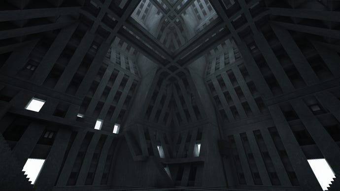 An otherworldly concrete space in the Quake Brutalist Jam map pack.