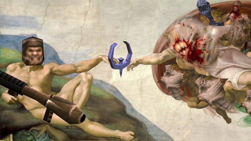 A parody of Michelangelo's Creation Of Adam painting with characters from Quake