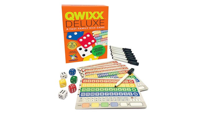 Qwixx quick board games box and components