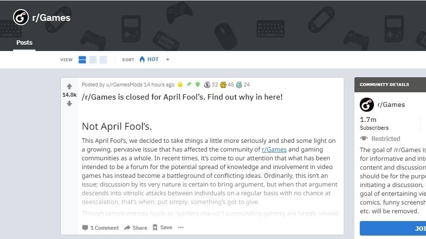 r/Games subreddit shuts for April Fool's to highlight toxicity in game  communities
