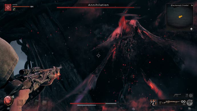 A giant behemoth boss fight is in action. A fleshy, sinewy creature hovers in front of you in Remnant 2.