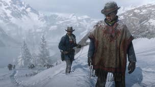 Arthur and another character stand atop a snowy mountain in Red Dead Redemption 2