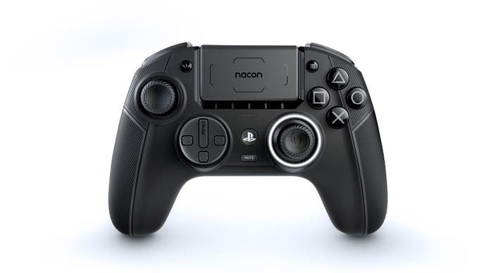 nacon revolution 5 pro gamepad/controller shown in black, with PS5 buttons and an Xbox-style asymmetric design