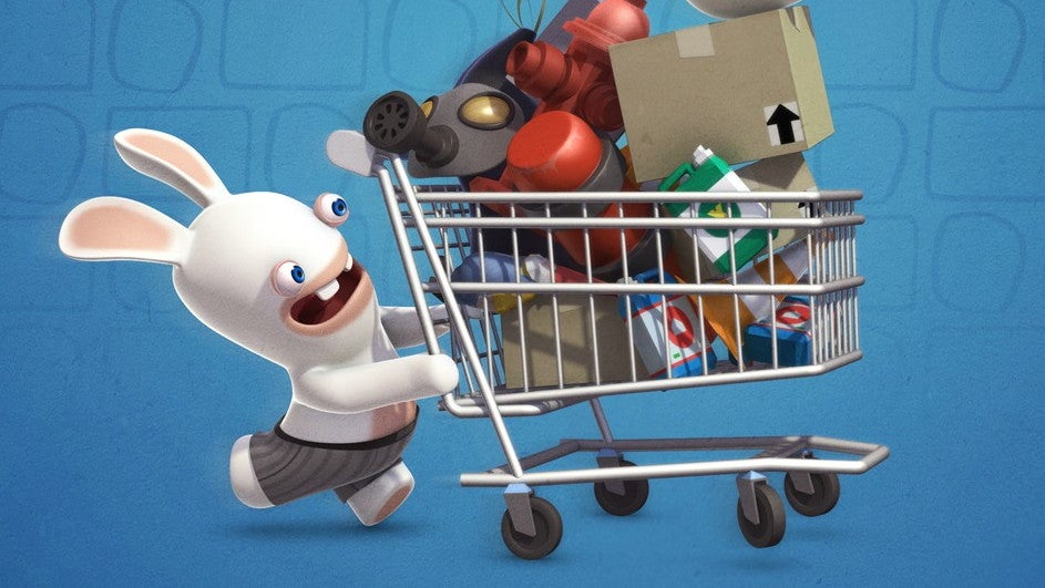 A Rabbid pushes a shopping trolley full of junk.
