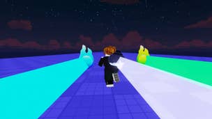 Image of a character speeding along in a course on Roblox game Race Clicker.