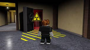 A Roblox character stands by the entrance to a nuclear bunker in the survival horror game Radiant Residents.