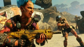 A blue-haired bandit with a gun in a Rage 2 screenshot.