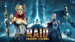 Artwork for mobile game Raid Shadow Legends showing different characters including elves and orcs.
