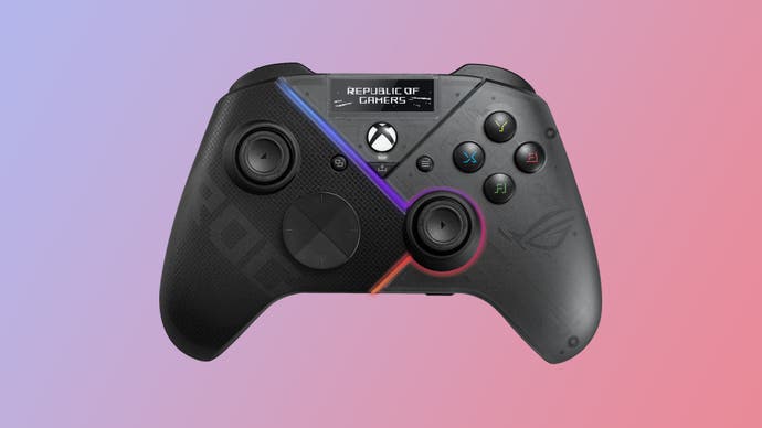 a black asus rog raikiri pro controller shown on a gradient background as an example of one of the best pc gamepads