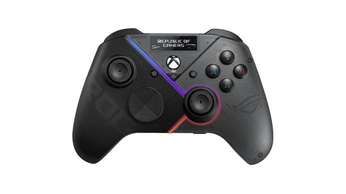 an asus rog raikiri pro controller, with RGB lighting, an OLED display and a cool gamer-y appearance