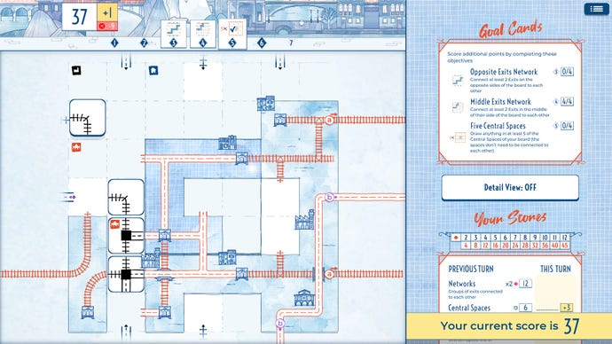 Екранна снимка на играта, кръстосана с незавършени железопътни линии, в Railroad Ink Challenge