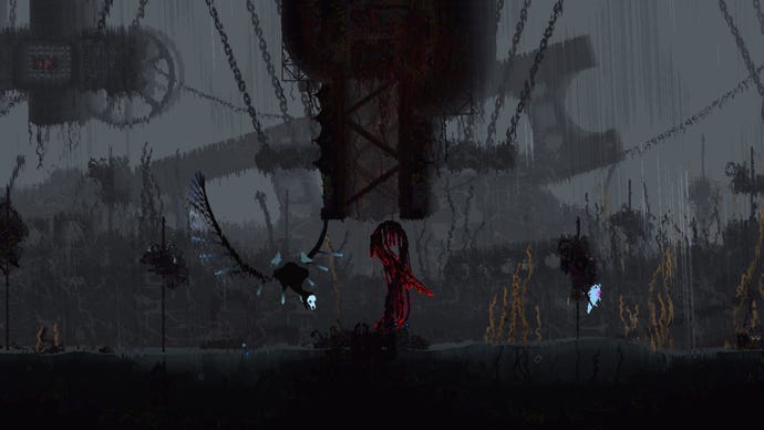 A pale blue slug cat creature (the player character in Rain World Downpour) hides on the right side of a rainy, grey, post-apocalyptic landscape, as a strange winged creature with a skull-like face divebombs the left side