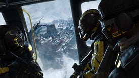 Three operators from Rainbow Six: Extraction view an Archaen tendril engulf a snowy research facility from the safety of their helicopter.