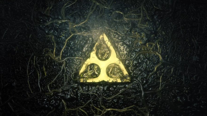 Rainbow Six Extraction logo: a glowing yellow symbol surrounded by shiny, black corruption.