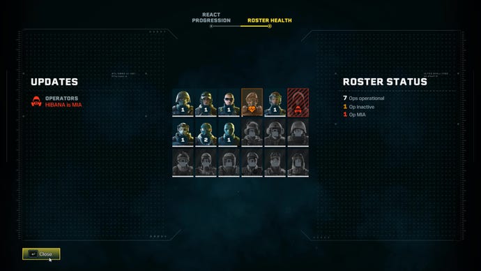 A post-game screen from Rainbow Six Extraction which shows the status of various Operators.
