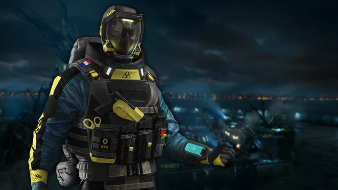 Promotional art of Lion, one of the playable Operators in Rainbow Six Extraction, superimposed on a backdrop of a ruined Liberty Island.