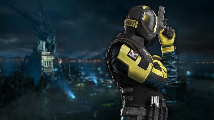 Promotional art of Vigil, one of the playable Operators in Rainbow Six Extraction, superimposed on a backdrop of a ruined Liberty Island.