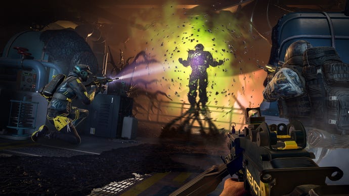 Three operators aim rifles at an exploding Protean in Rainbow Six: Extraction.