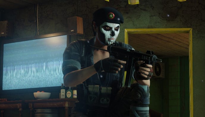 A close up of operator Caveira aiming a gun from Rainbow Six Siege