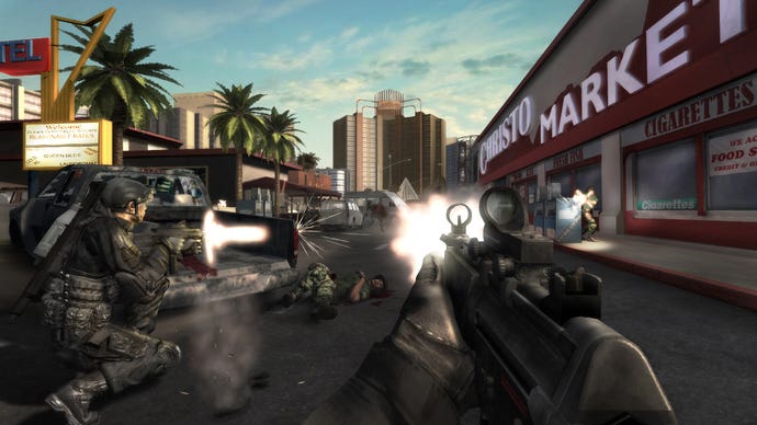 A gunfight on the streets of Las Vegas in a Rainbow Six Vegas 2 screenshot.