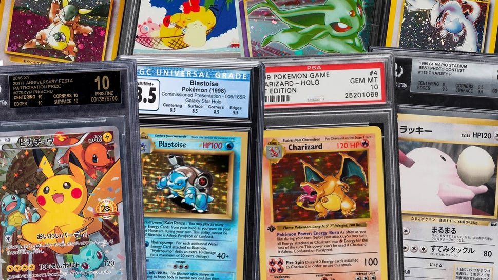 Collection of graded Pokemon cards, including Blastoise, Charizard, Pikachu and Chansey