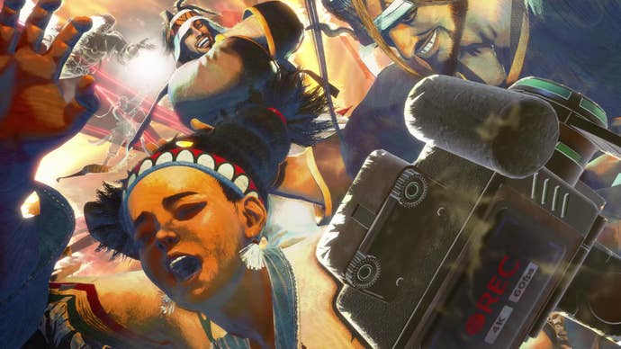 Street Fighter 6's Rashid knocks Lili down with a heavy elbow to the head.