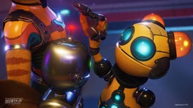 Some robots in the PC release of Ratchet & Clank: Rift Apart.