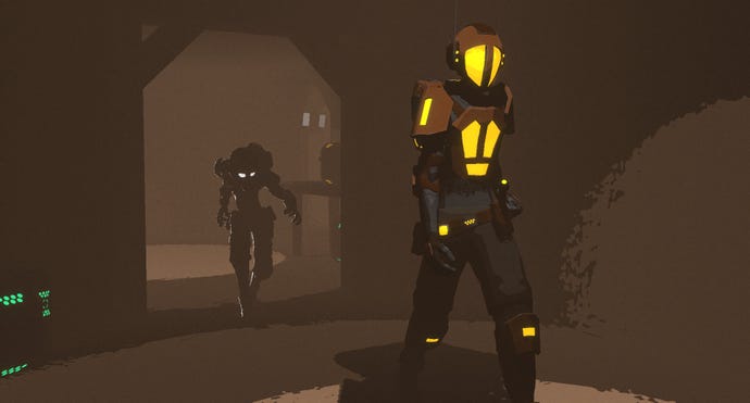 A miner sneaks up on a miner bot in the dark in Raw Metal