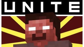 A parodic Minecraft revolutionary poster showing the mascot Steve with a "Unite" banner behind them