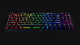 a photo of a razer blackwidow v3 tenkeyless keyboard, meaning it has no numpad, with green clicky switches