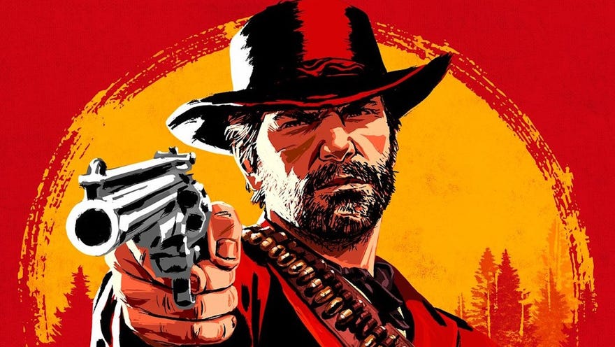 Ключово изкуство за Red Dead Redemption, показващо каубой, насочен към пистолет срещу залез слънце