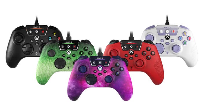 turtle beach react-r gamepad shown in multiple colours: black, green, purple, red and white/purple