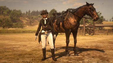 A woman stands in front of a horse, bedecked in 19th century dressage gear. It's dry and dusty all around. It's the world of Red Dead Online.