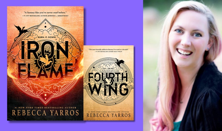 Rebecca Yarros alongside Iron Flame and Fourth Wing covers